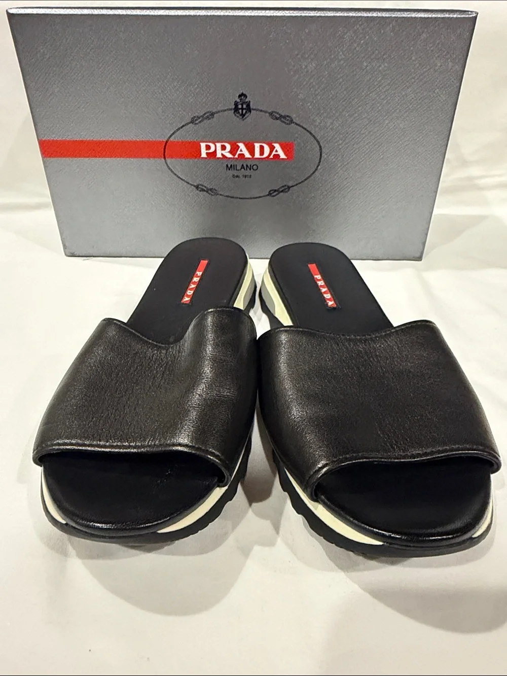 Prada Black Leather Men's Slide Sandals with White Trim